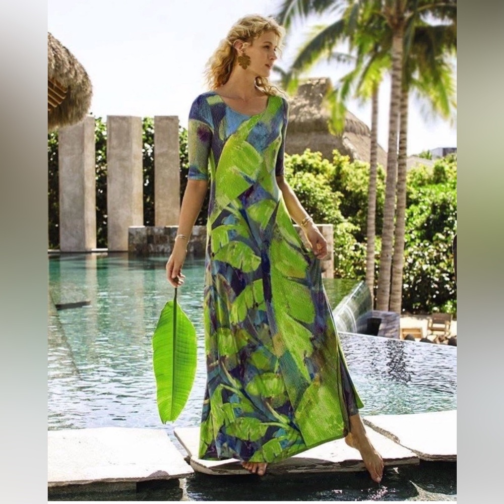Soft Surroundings Saunterre Maxi Dress Oversize XS Small Watercolor Wearable Art